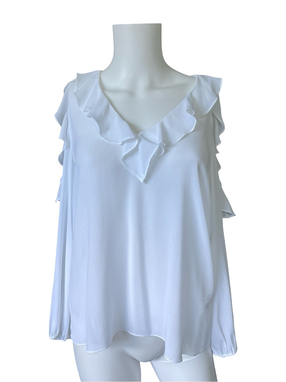 Alice + Olivia White Ruffle Blouse Lightweight Cold Shoulder Womens Size Small
